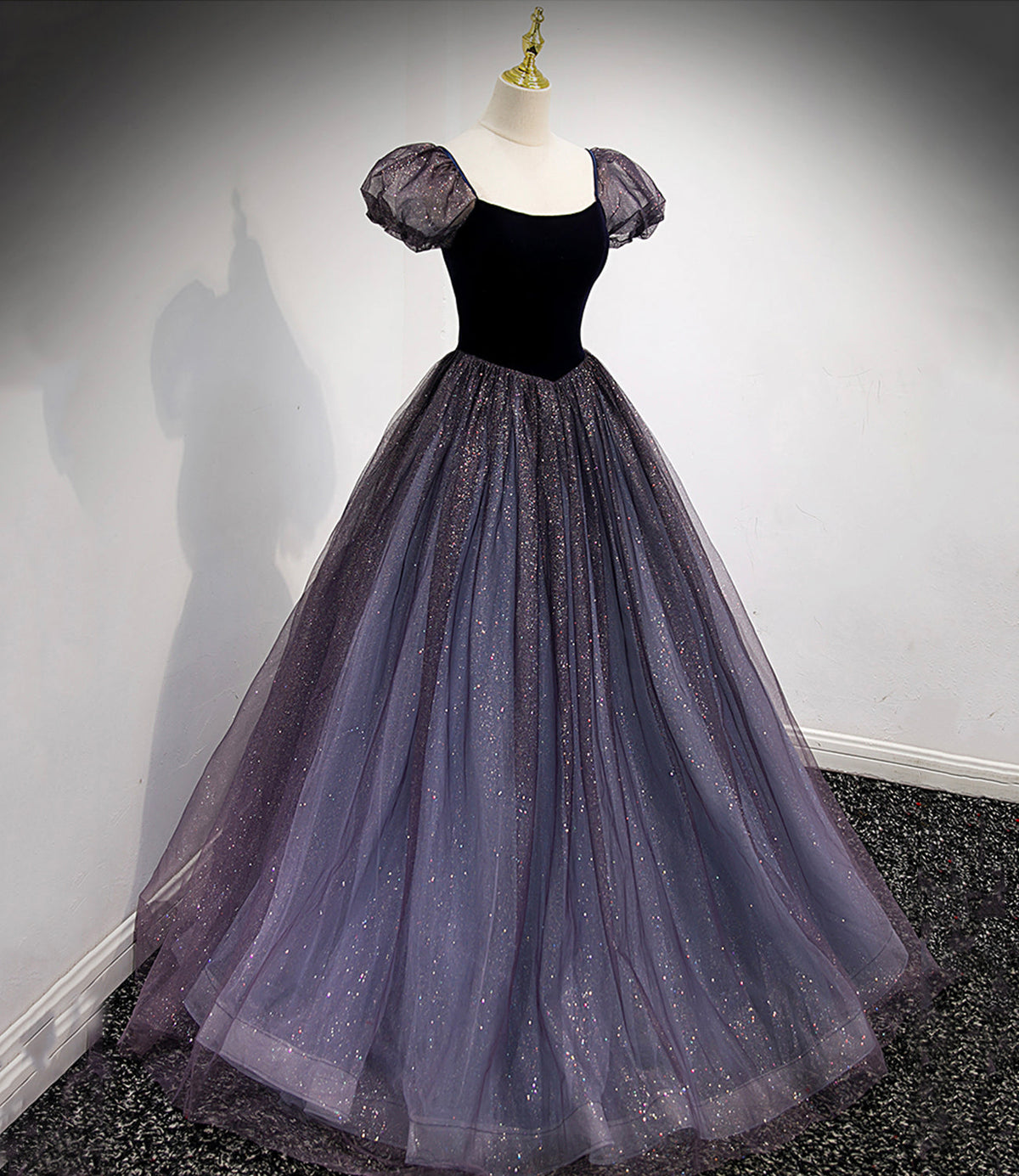 Black and purple tulle long prom dress evening dress  8879