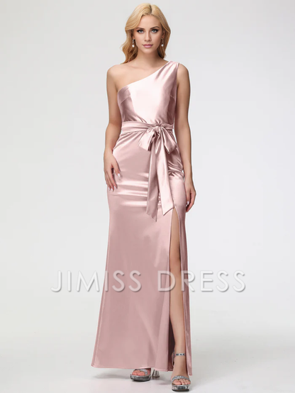 single shoulder trumpet/mermaid sleeveless pleated satin Prom dress