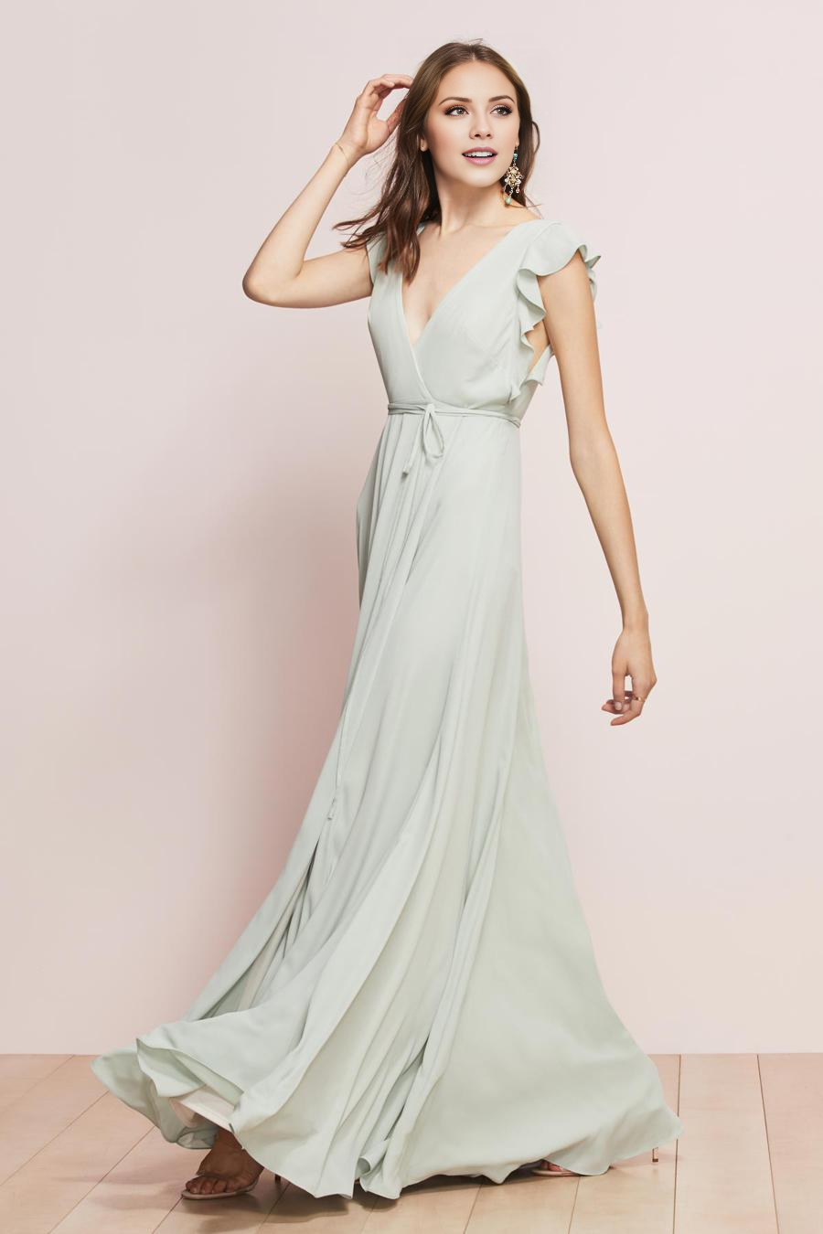 V-neck ruffle sleeves backless and floor length evening dress