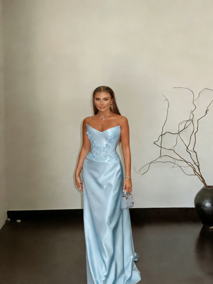 Gorgeous Strapless Blue Satin Appliques Mermaid Long Party Dress Prom Gowns SP1562