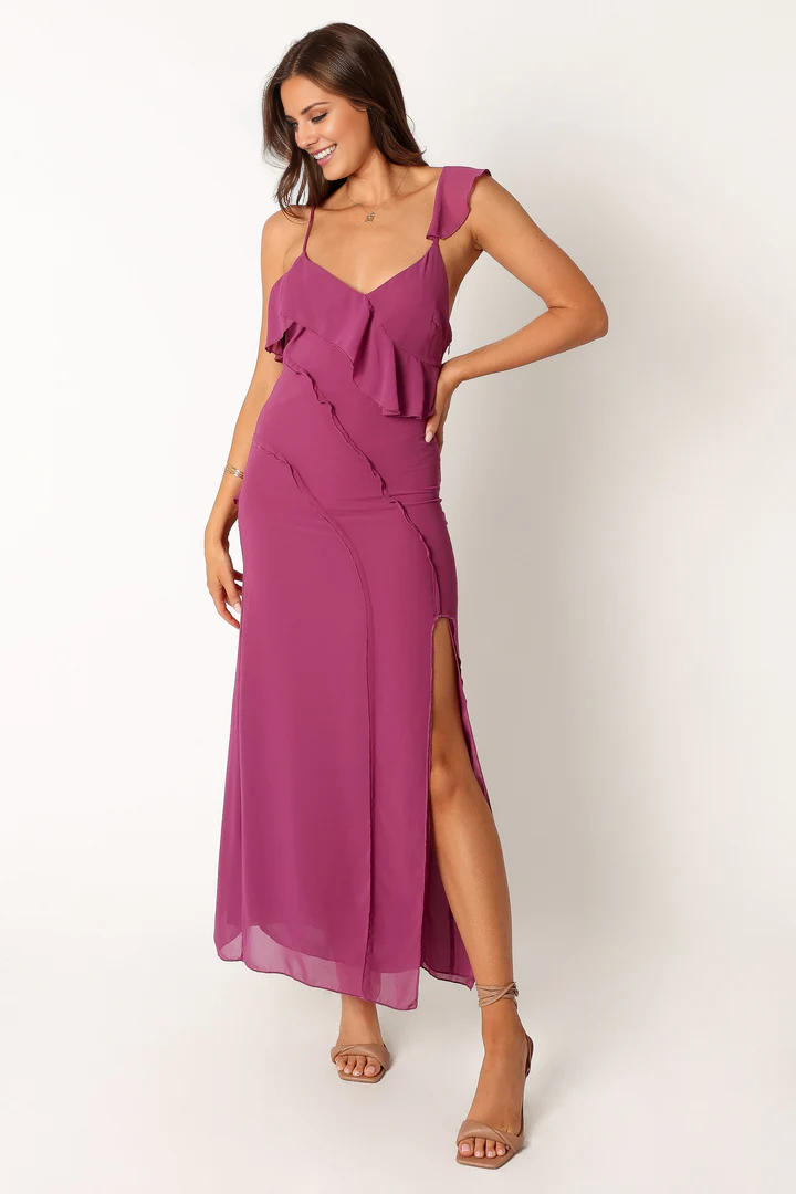 V-neck front split lotus leaf side length style Prom dress