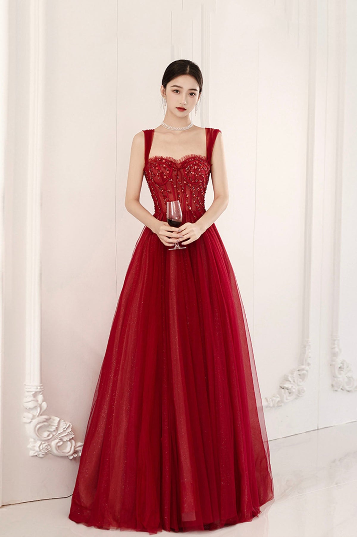 Burgundy tulle beads long prom dress evening dress  10604