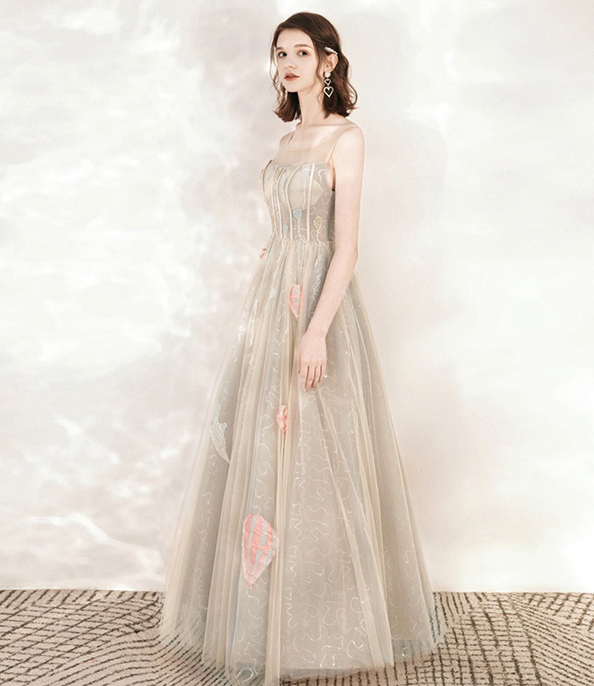 Champagne tulle sequins long prom dress evening dress  10542