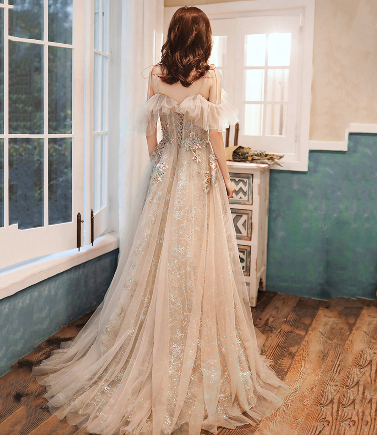 Champagne tulle sequins long prom dress evening dress  10390