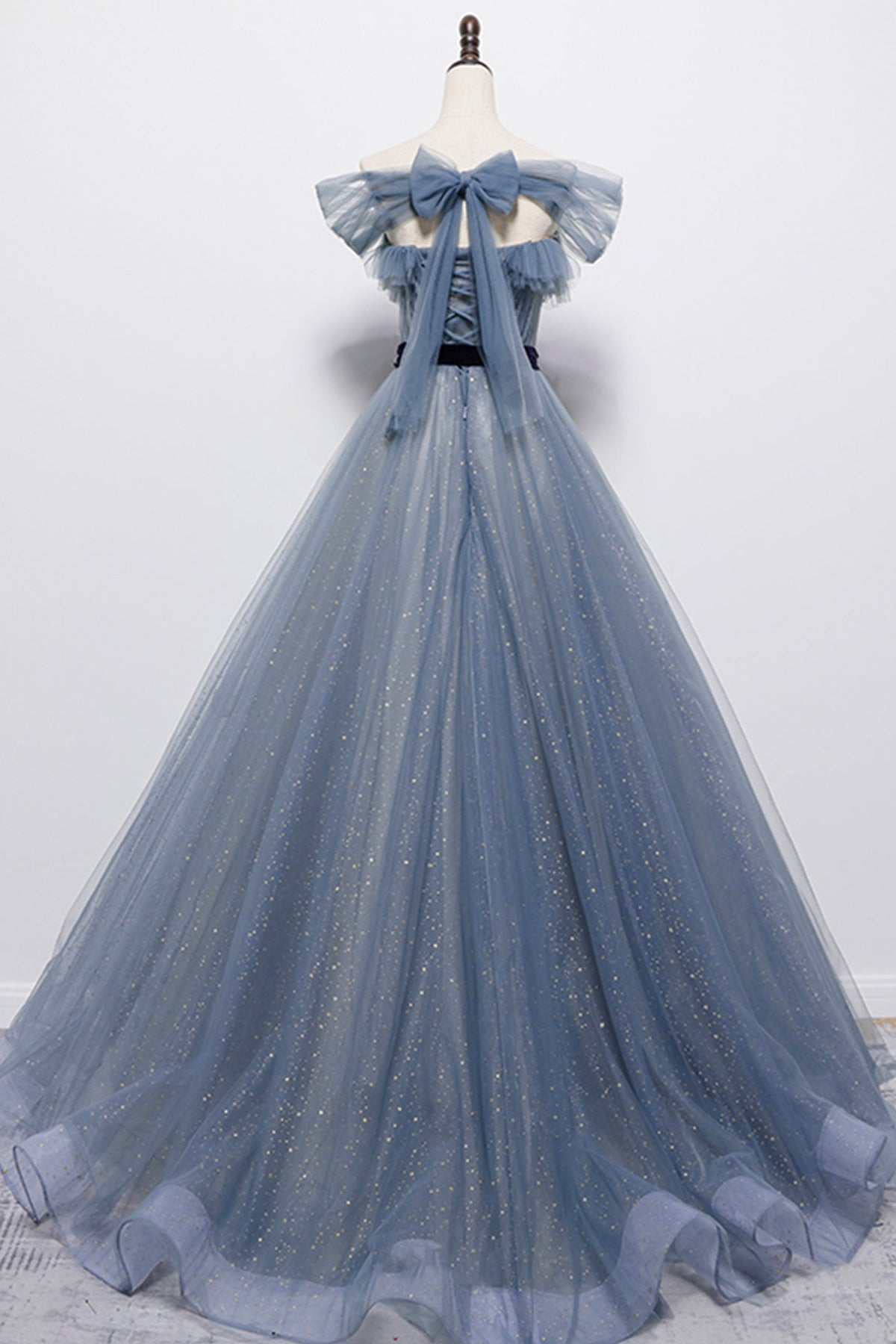Bule tulle long A line prom dress blue evening dress  8718