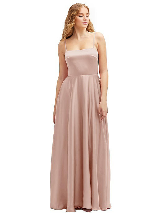 square neckline off shoulder sleeveless thin shoulder strap backless and floor length Prom dress