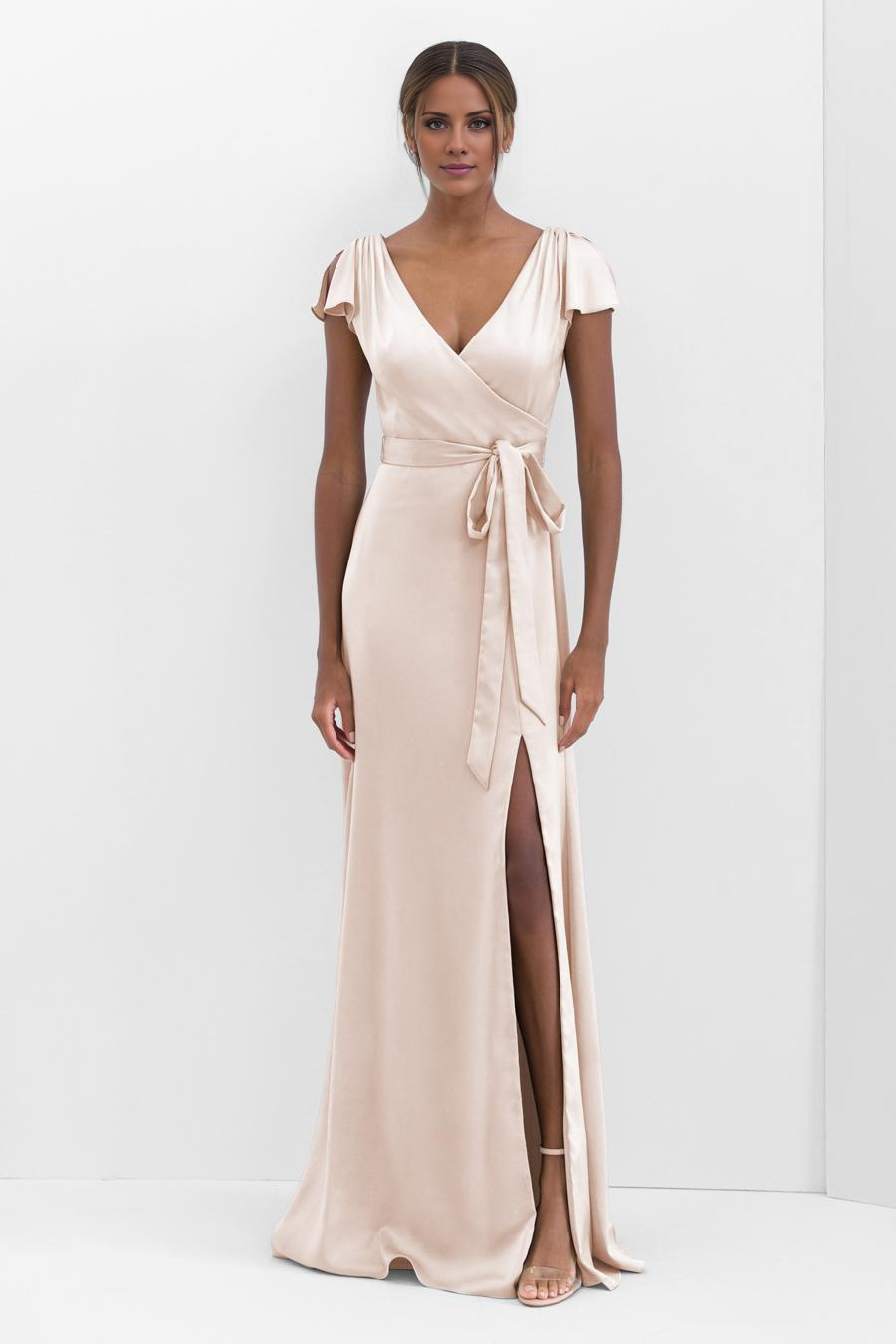 V-neck short sleeved off shoulder side slit backless and floor length evening dress