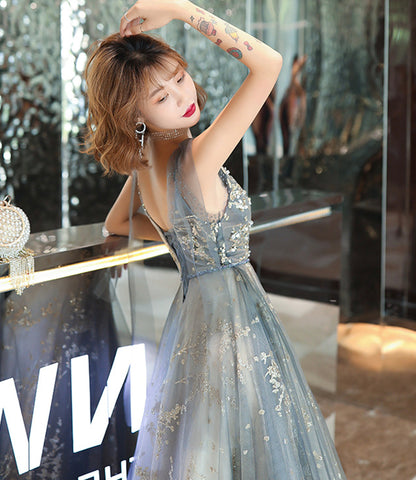 Gray tulle sequins long prom dress A line evening gown  10492