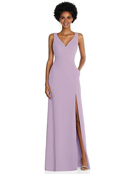 V-neck sleeveless off shoulder backless side slit and floor length Prom dress