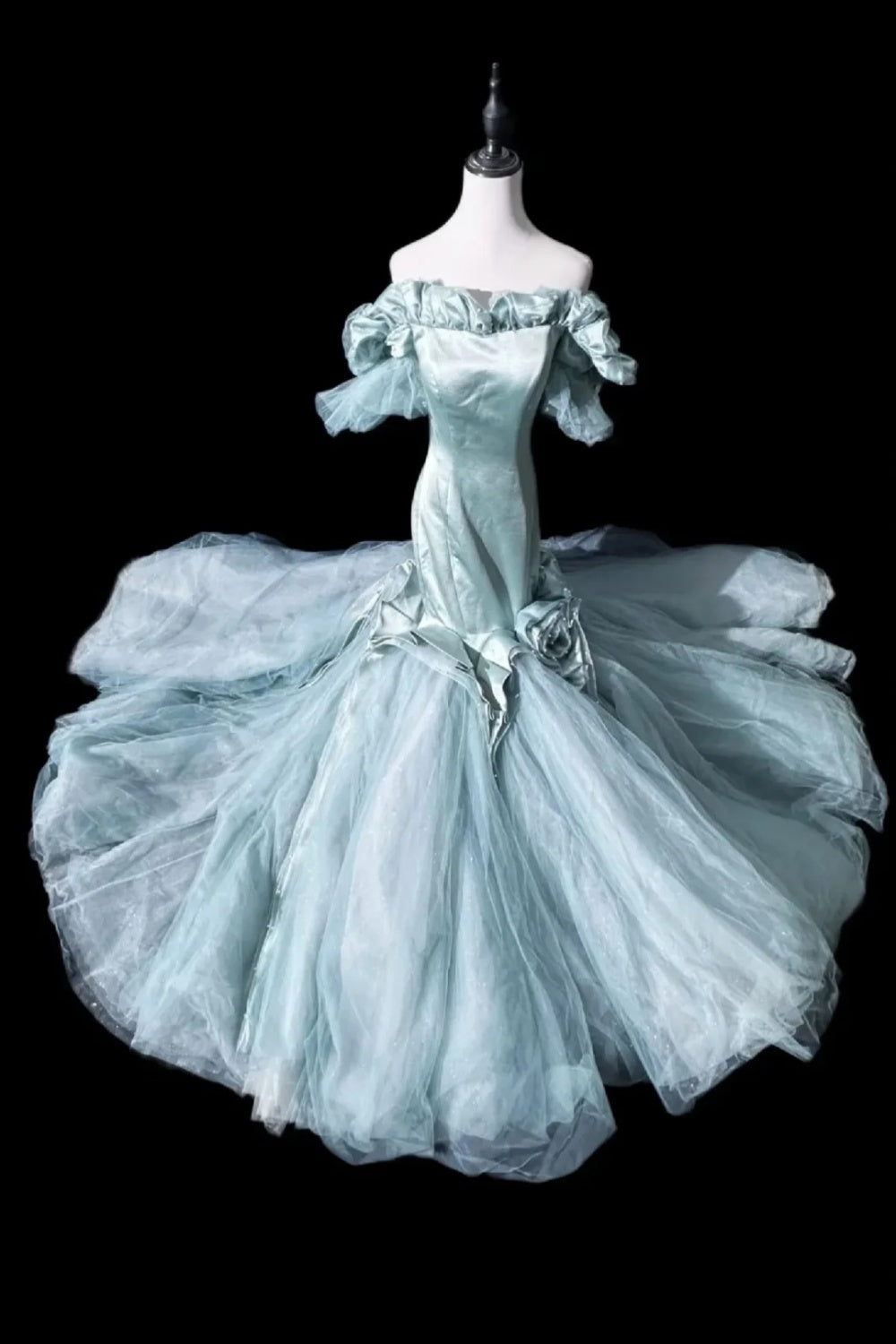 Mint Fairyland - Off-the-Shoulder Ruffle Satin Gown, Tulle Ball Gown Mermaid Evening Dress gh7068