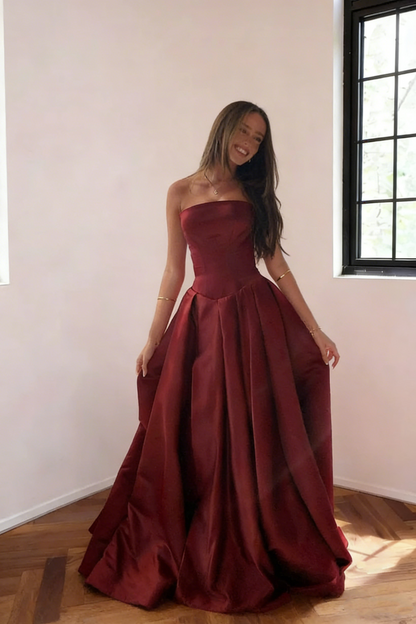 Classy Burgundy Strapless Satin Pleated Long Evening Dress Formal Wedding Guest Dress SP1732