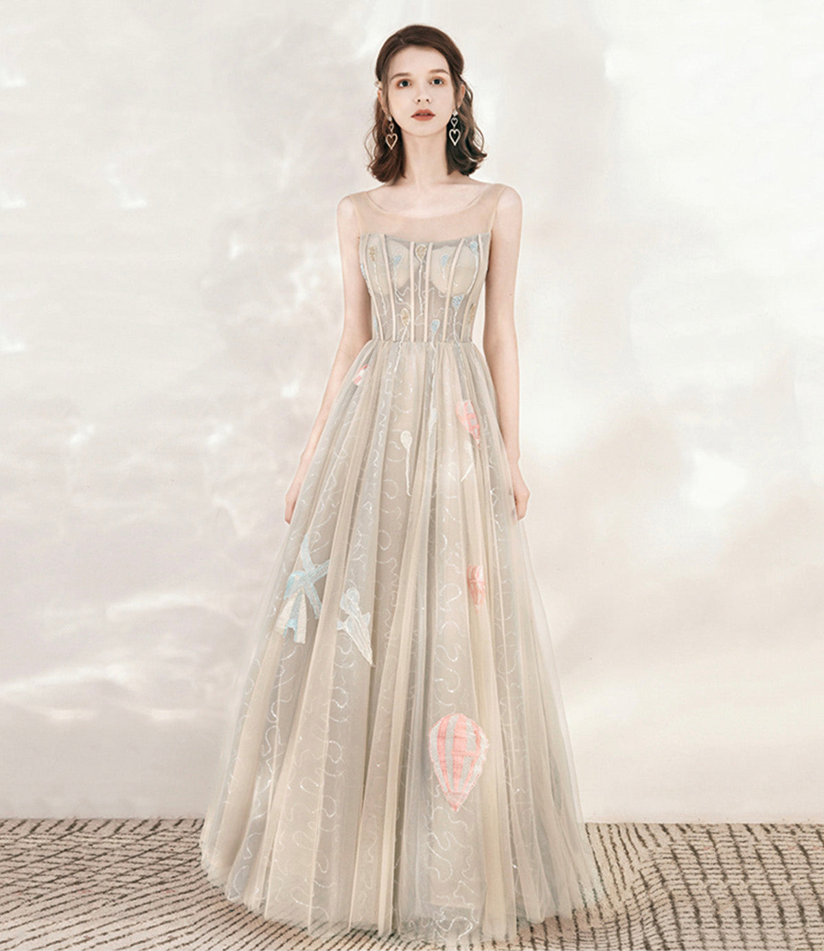 Champagne tulle sequins long prom dress evening dress  10542
