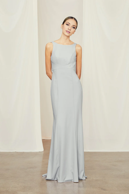 boat neckline off shoulder sleeveless backless and floor length Prom dress