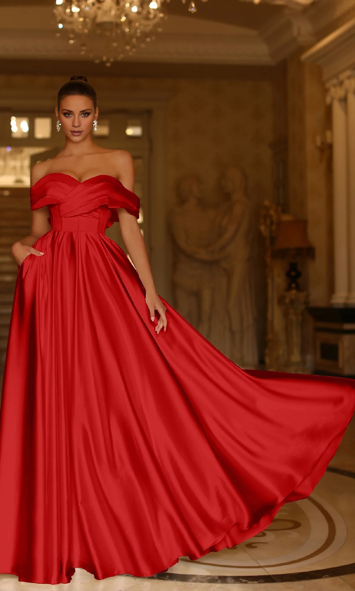 A-line off shoulder pleated backless and floor length evening dress