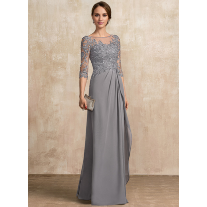 A-shaped Scoop Illusion floor mopping chiffon lace ribbon bead sequins layered ruffles mother of the bride dress