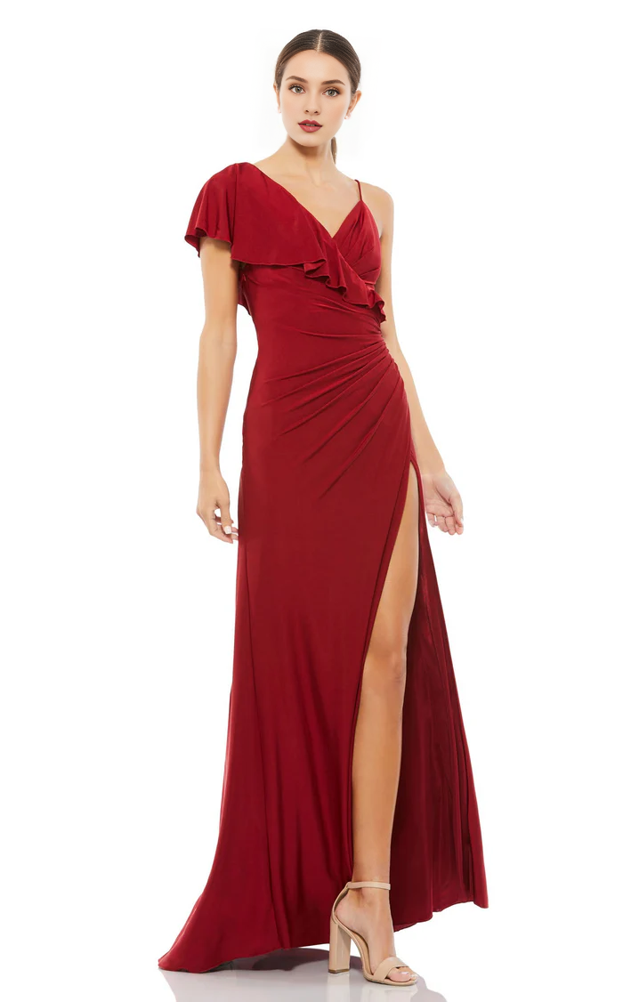 Asymmetric shoulder V-neck backless and floor length Prom dress