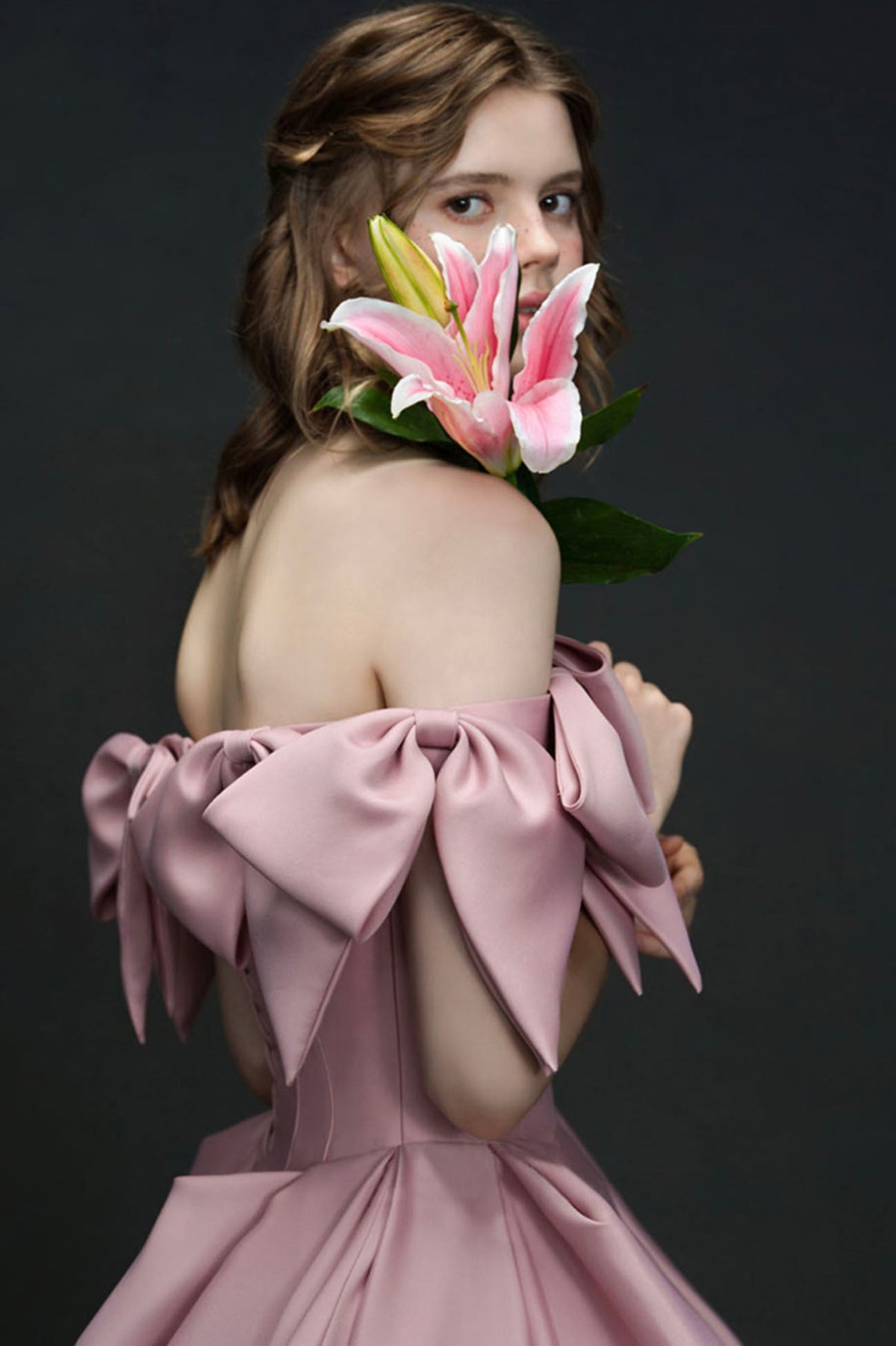 Unique Design Pink Bow Satin Long Prom Dress Princess Dress  10585
