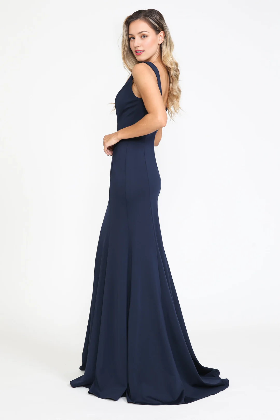 Long illusion deep V-neck fitted dress