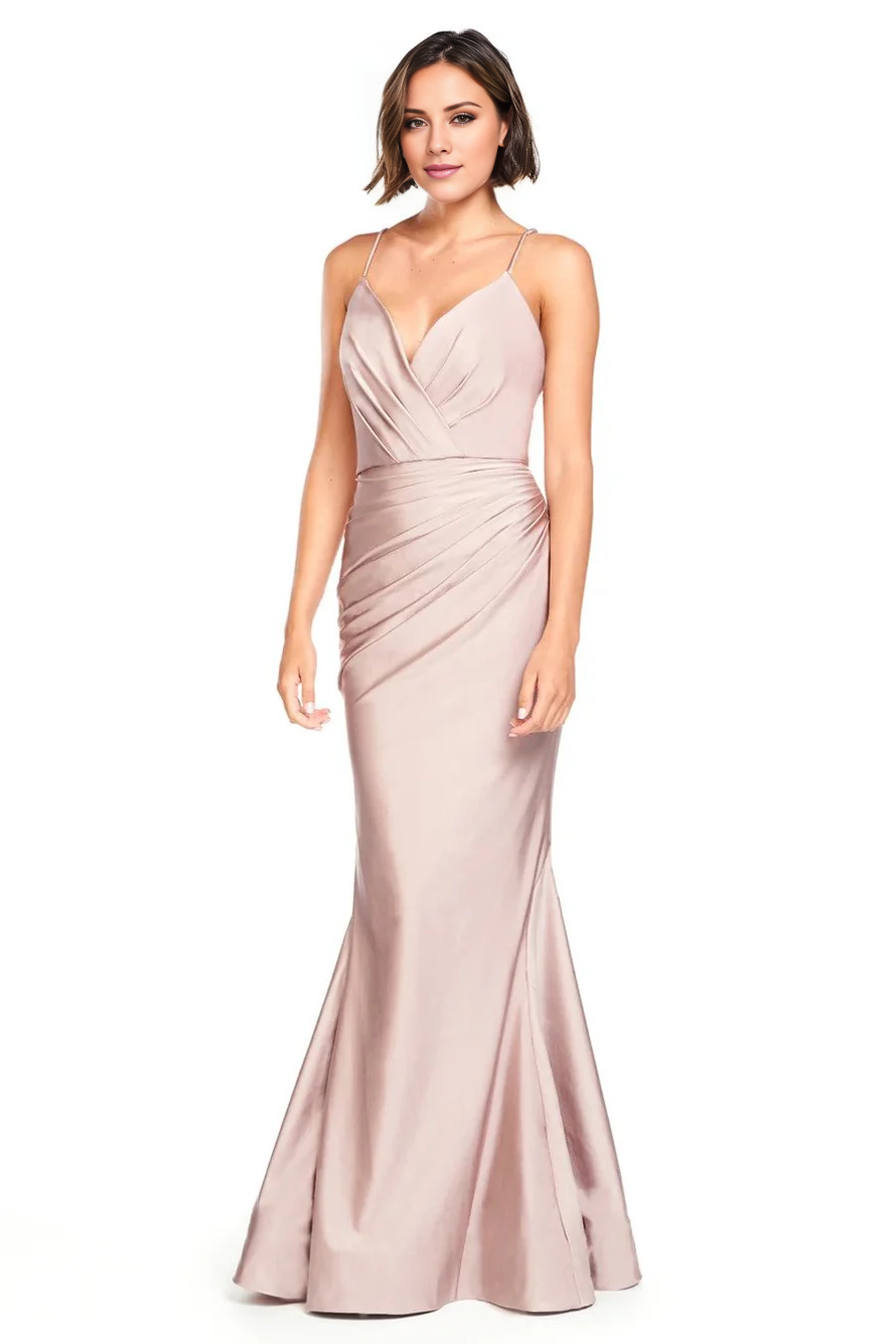 V collar off shoulder thin shoulder strap sleeveless backless and floor length Prom dress