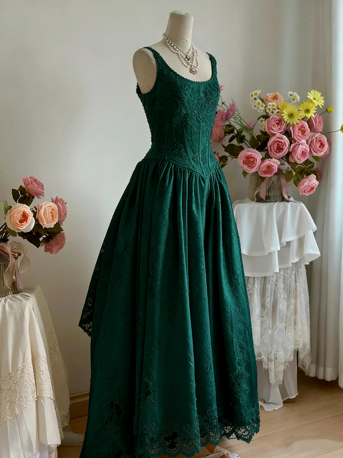 girlhomeshops--White lace retro elegant long satin dress gh5704