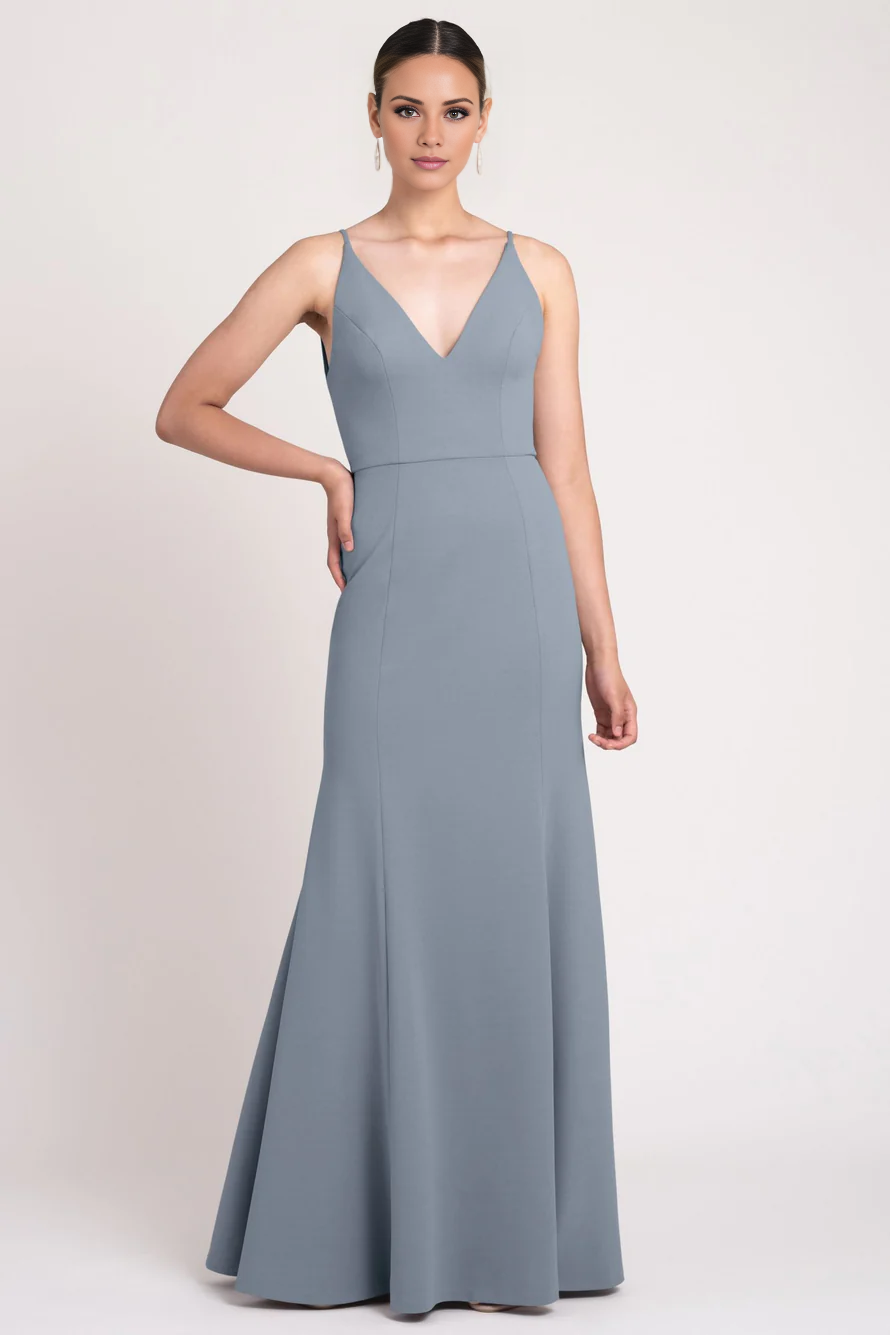V-neck off shoulder sleeveless thin shoulder strap backless and floor length Prom dress
