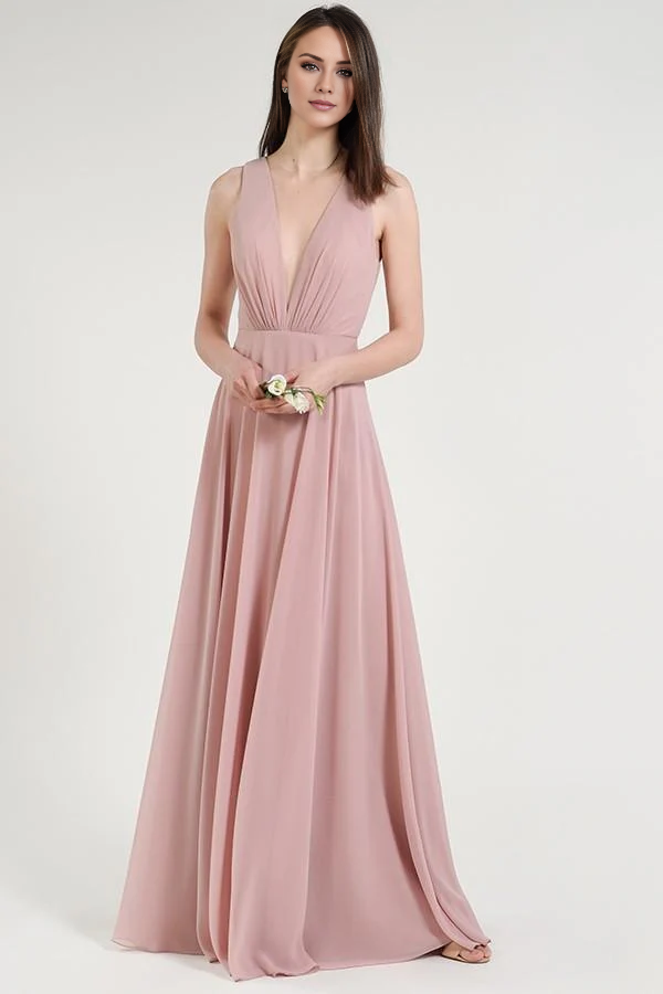 deep V-neck off shoulder sleeveless pleated backless and floor length evening dress