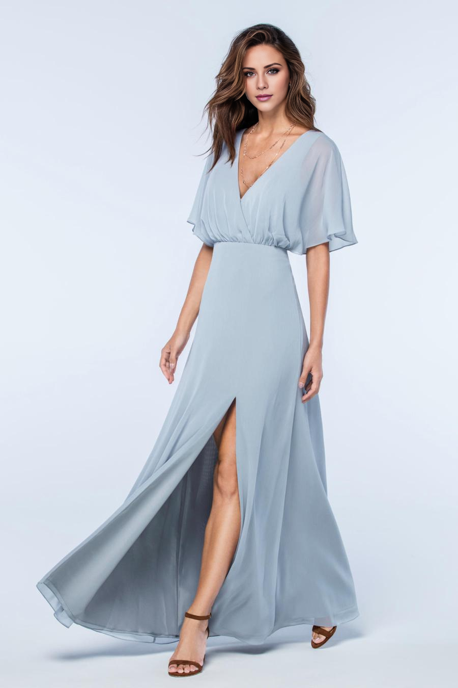 V-neck short sleeved backless side slit and floor length evening dress