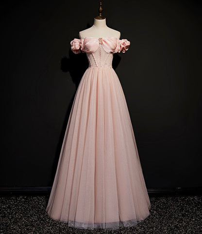 Pink tulle long A line prom dress pink evening dress  8693
