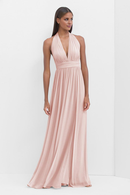 V-neck hanging neck backless pleated and floor length evening dress