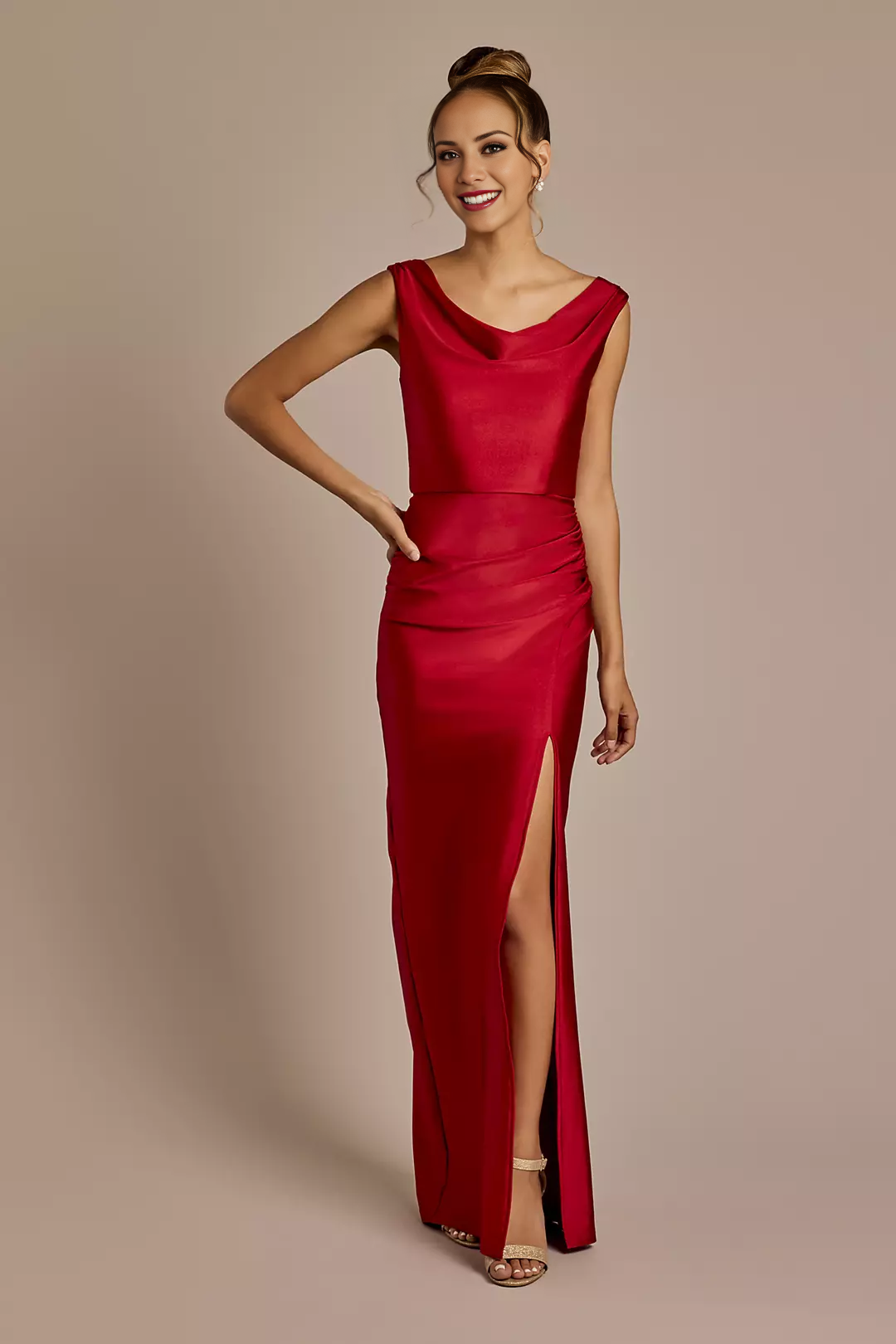 straight neck scarf with satin neckline backless side slit and floor length Prom dress