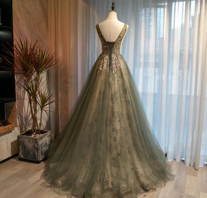 Cute tulle sequins long A line prom dress evening dress  8696