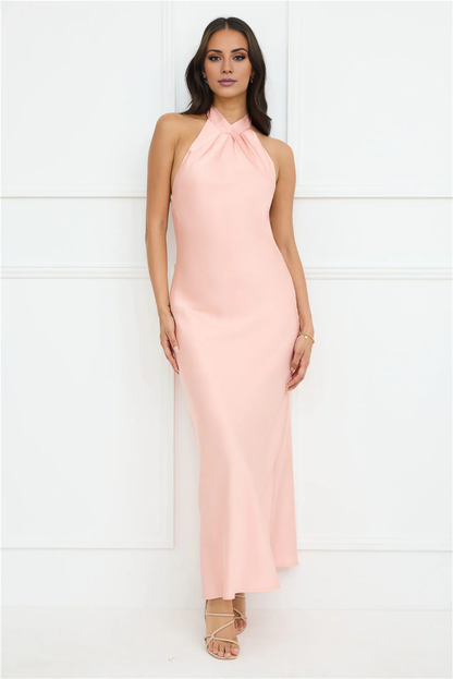 halter neckline satin bow tie tie maxi prom dress