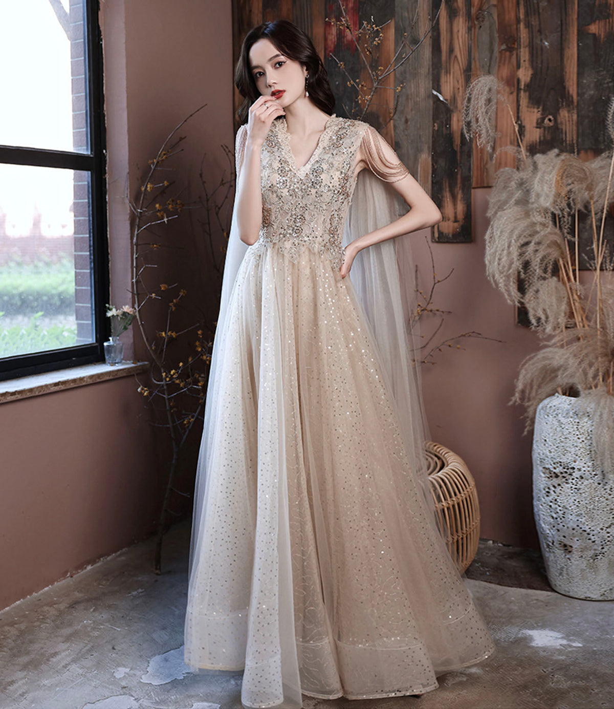 Champagne tulle sequins long prom dress evening dress  10605