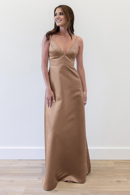deep V-neck sleeveless button up backless and floor length evening dress