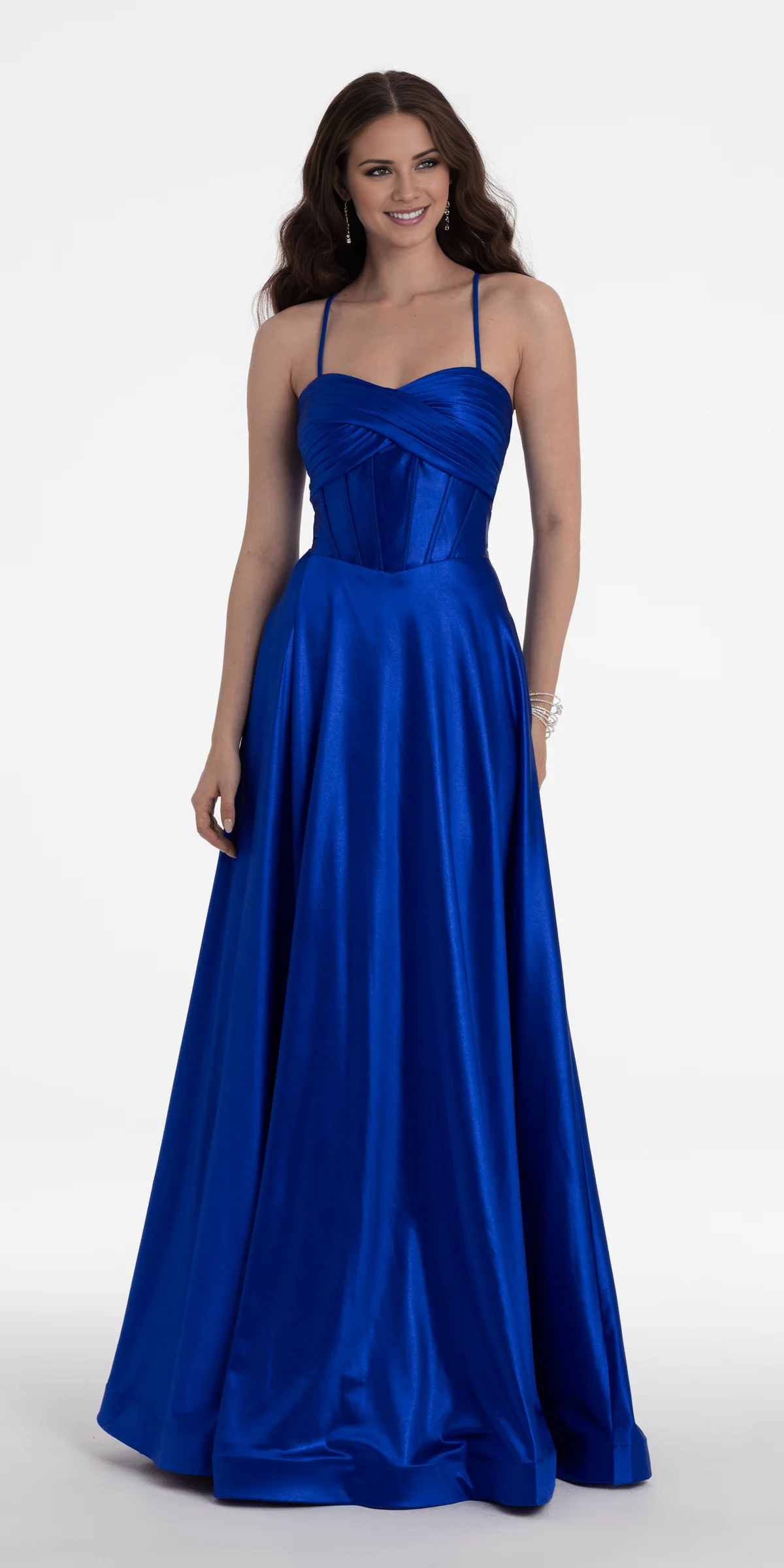 off shoulder satin thin shoulder strap tight corset and floor length Prom dress