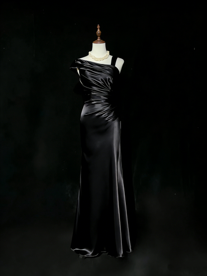 Vintage Champagne Satin Pleated Mermaid Long Birthday Prom Dress Evening Gown SP1962
