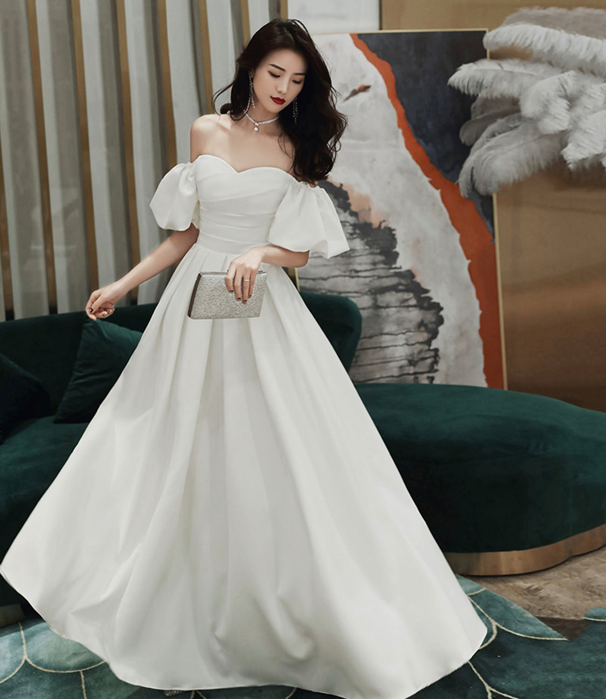 Simple A line long white prom dress white evening dress  10338
