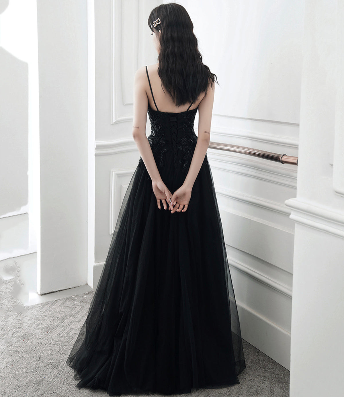 Black tulle sequins long prom dress evening dress  10391
