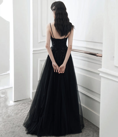 Black tulle sequins long prom dress evening dress  10391