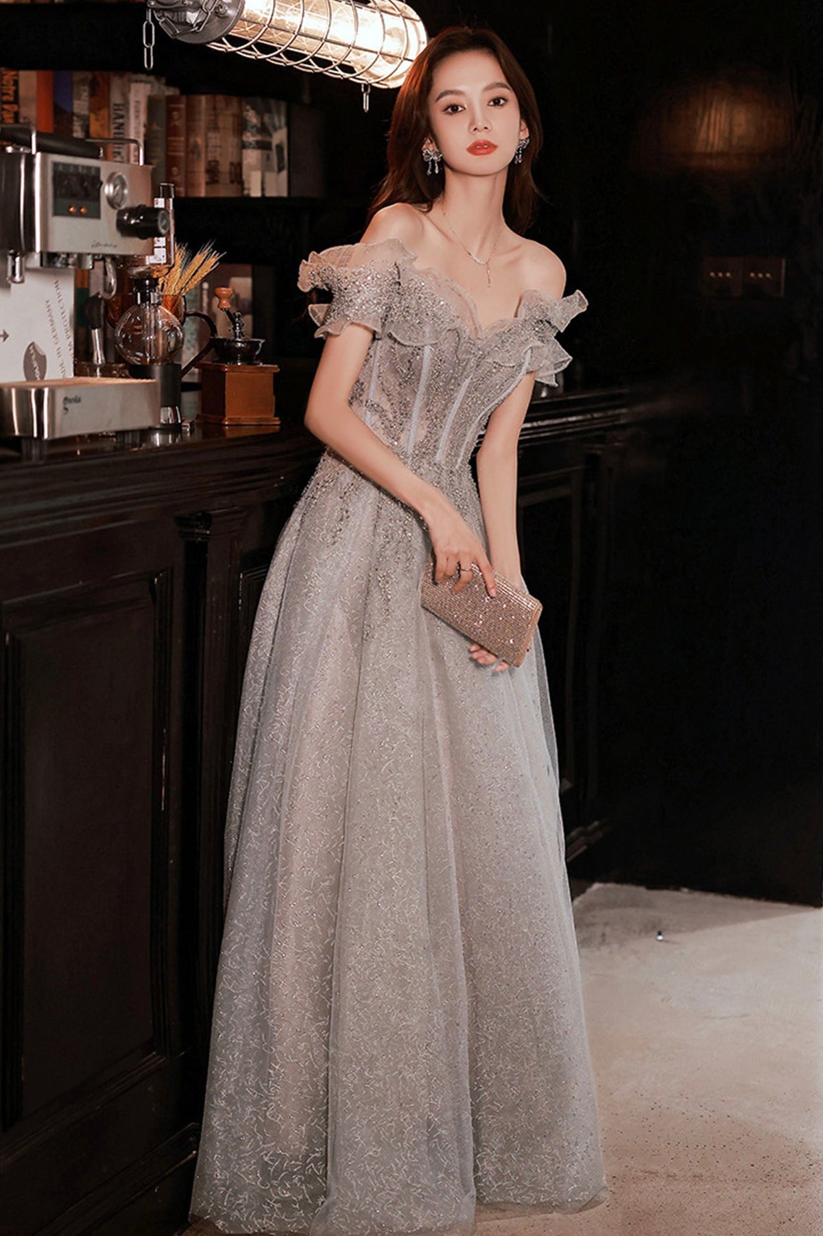 Gray tulle sequins long prom dress A line evening dress  10627