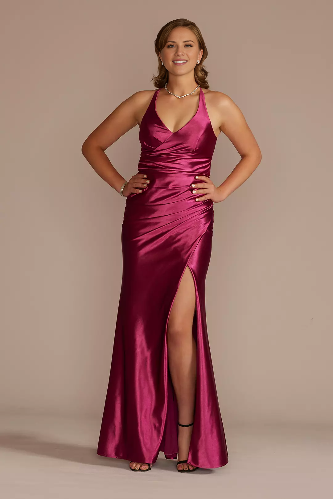 collar sleeveless backless side slit and floor length Prom dress