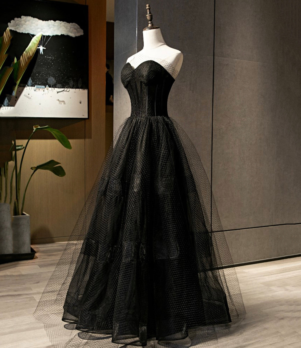 Black tulle long A line prom dress black evening dress  8684