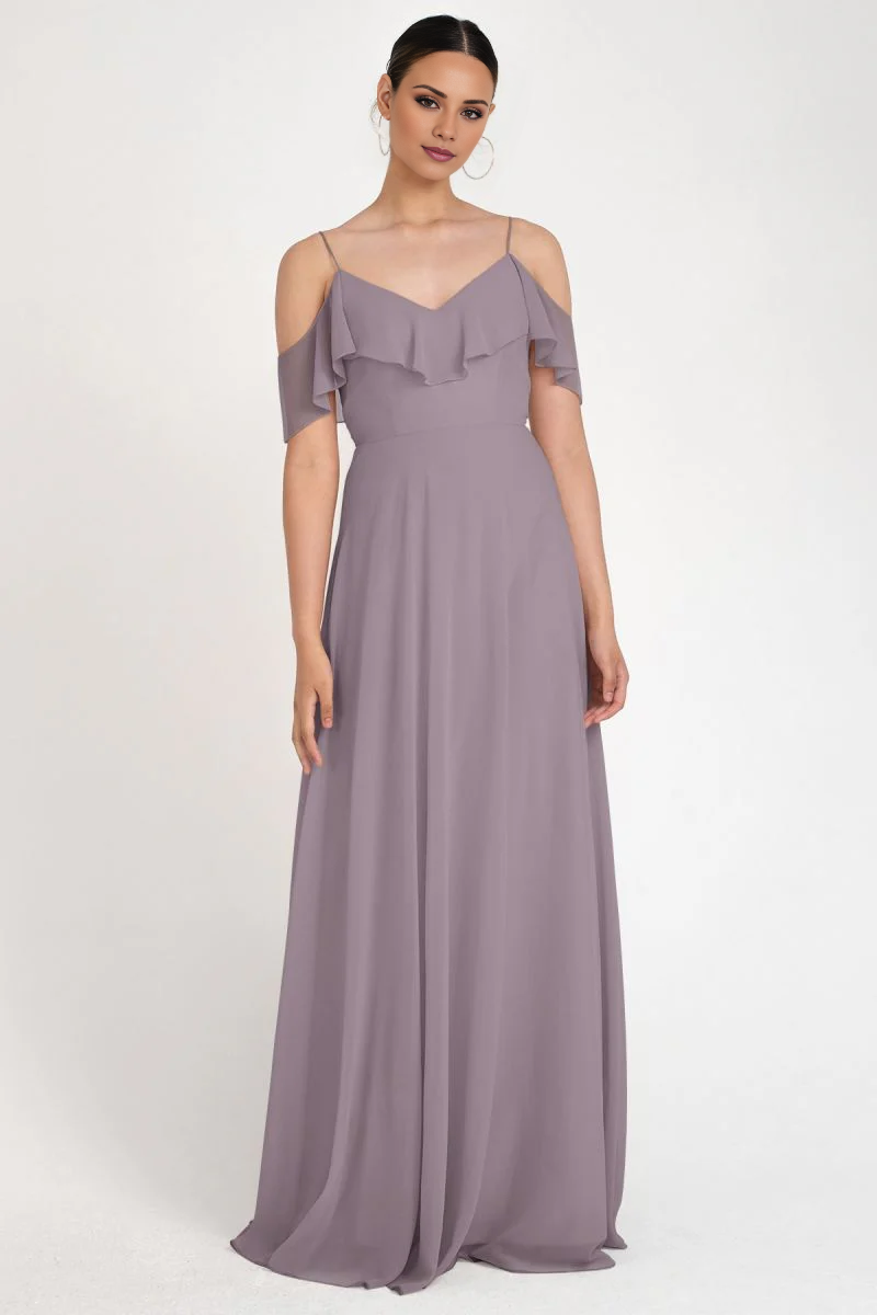 V collar off shoulder sleeveless thin shoulder strap backless and floor length evening dress