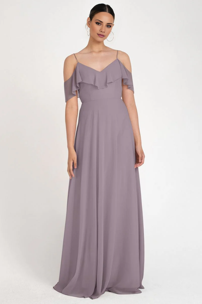 V collar off shoulder sleeveless thin shoulder strap backless and floor length evening dress