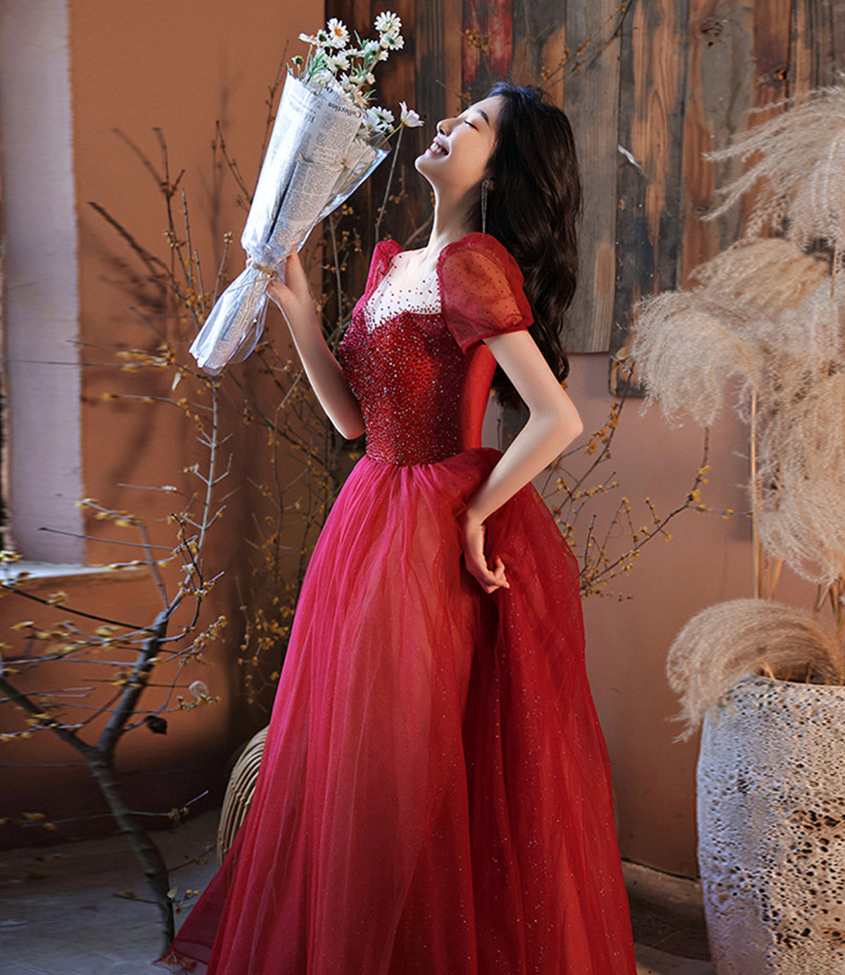 Burgundy tulle beads long prom dress evening gown  10315