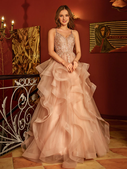 A-line princess V-neck embroidered sequin chiffon long ball dress