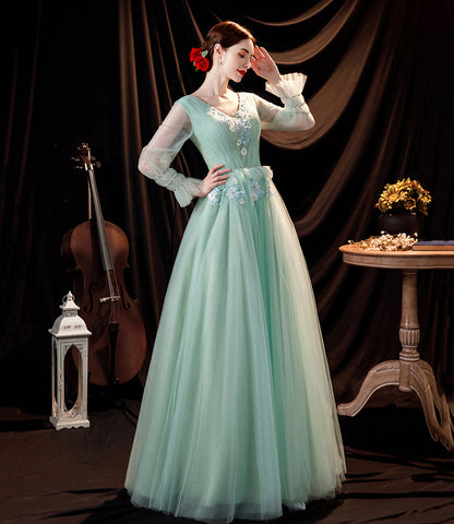 Green tulle lace long prom dress green evening dress  10535