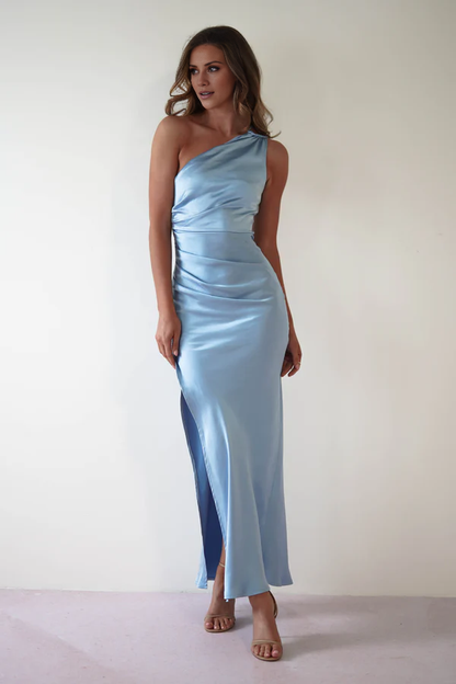 Asymmetric collar satin side slit long Prom dress - Dress