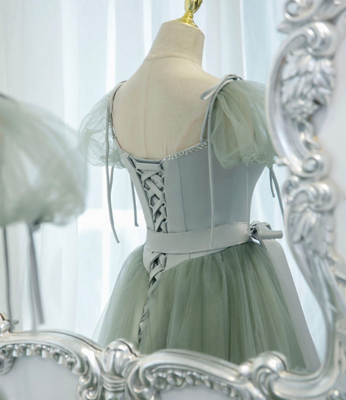 Green satin tulle long prom dress A line evening dress  10445