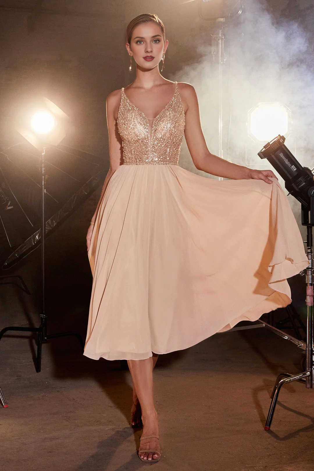 A-line bead embellished chiffon sleeveless V-neck tea long dress